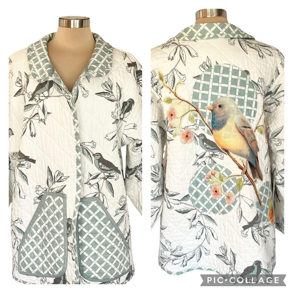 Handmade Upcycled Quilted Open Front Jacket White Teal Bird Print OOAK Sz L/XL